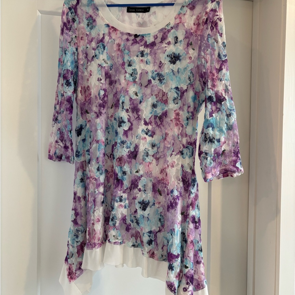 Casual Express Asymmetrical Tunic Purple Pink 3/4 Sleeve